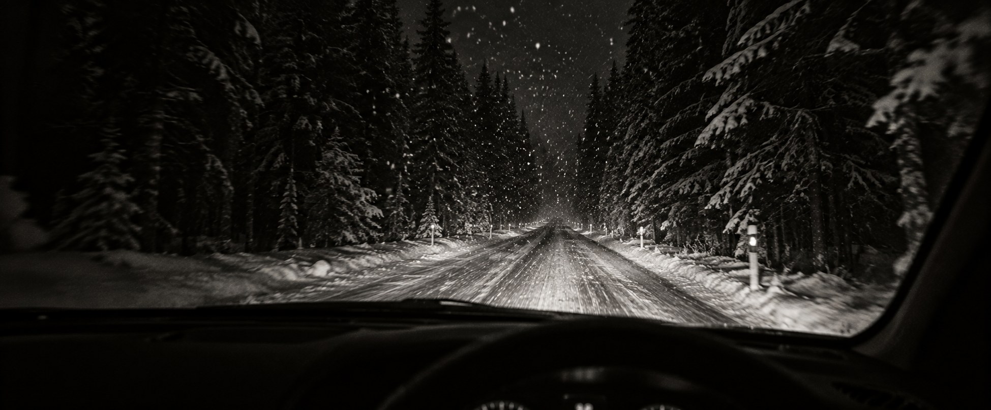 Headlights on a snowy forest road at night, seen from the driver's seat
