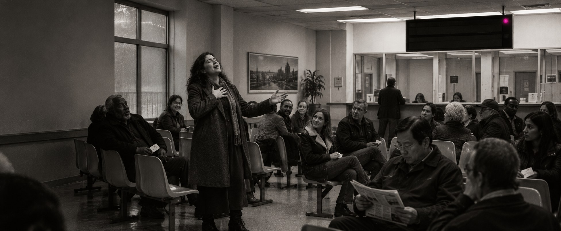 A woman singing while standing in a crowded municipal waiting room