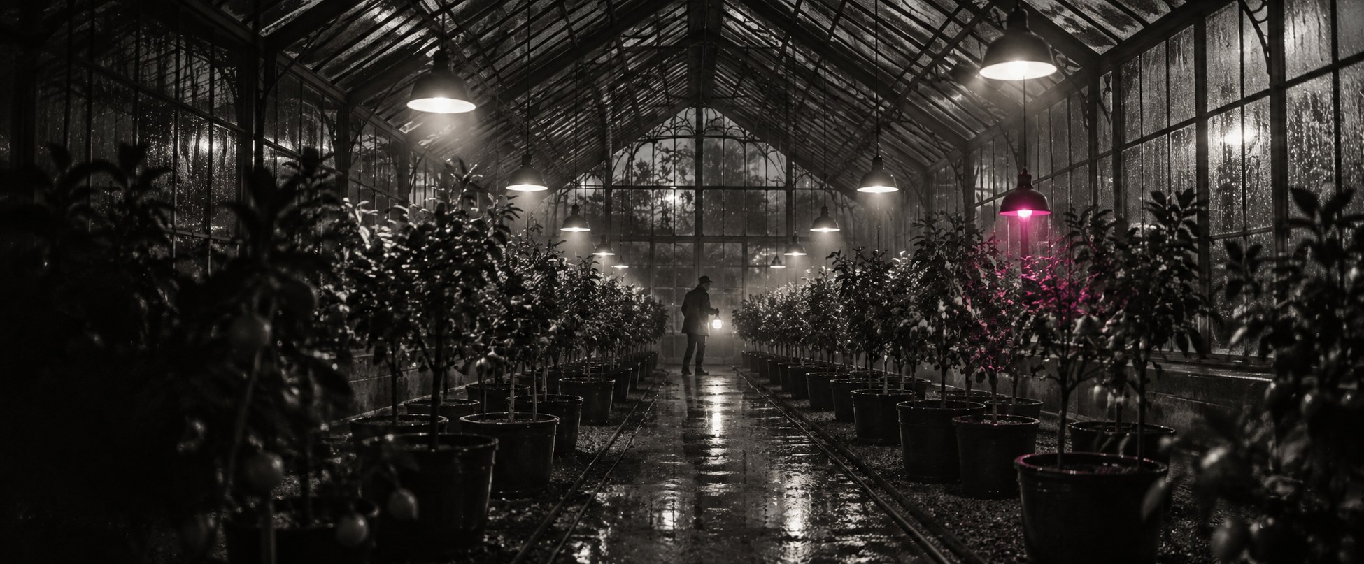 A figure among rows of plants inside a glasshouse at night