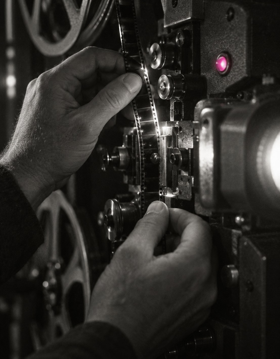 A projectionist's hands threading film through a projector gate