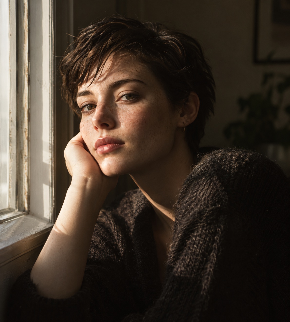 Window-lit portrait with warm highlights and deep shadows.