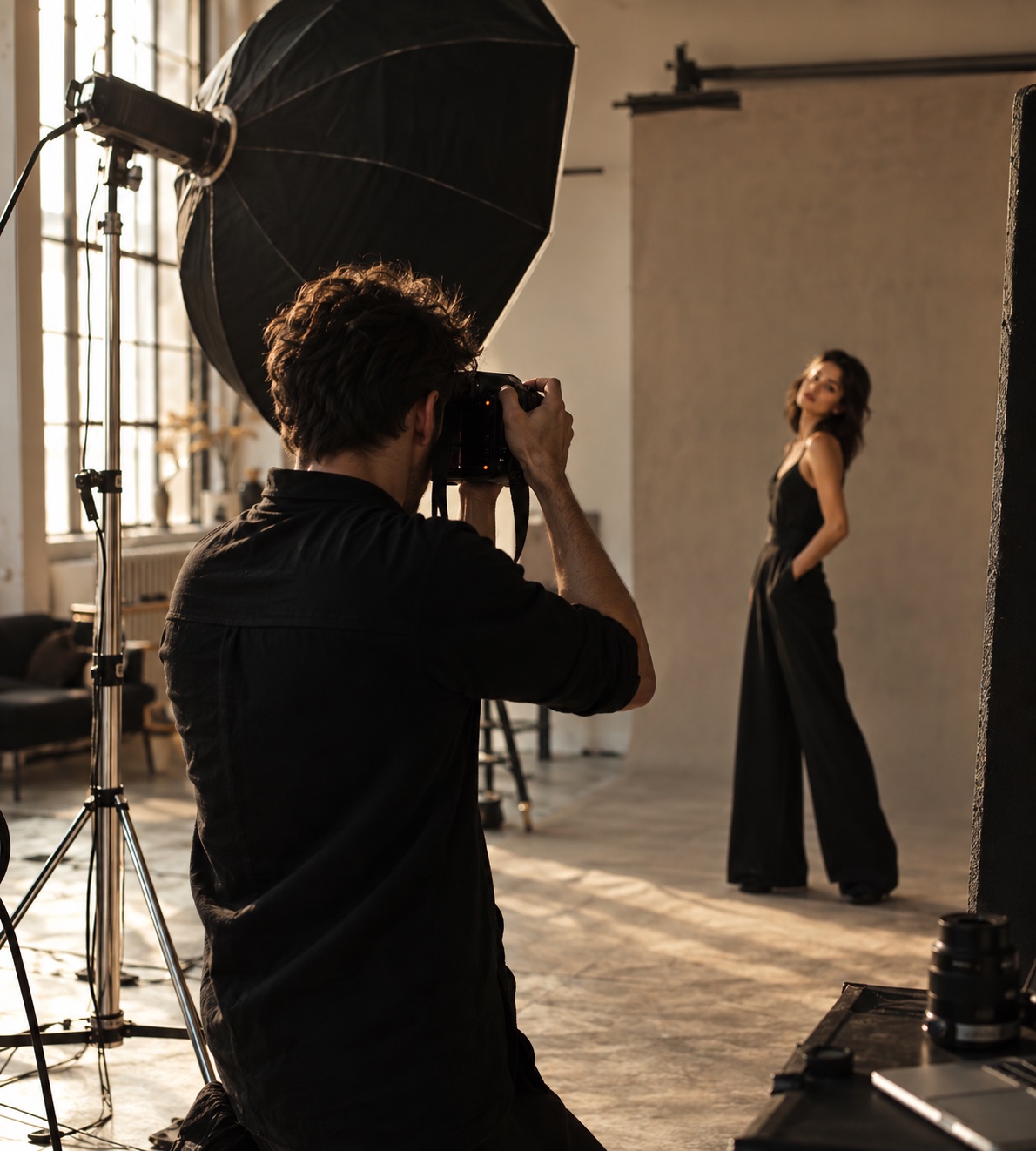 Photographer and model on a softly lit studio set.