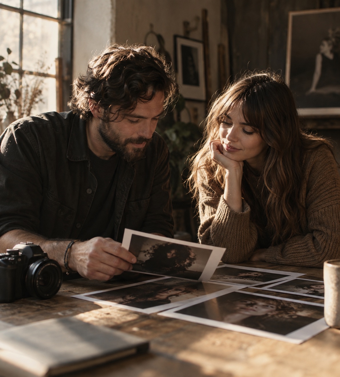 Photographer and portrait subject reviewing prints in window light.