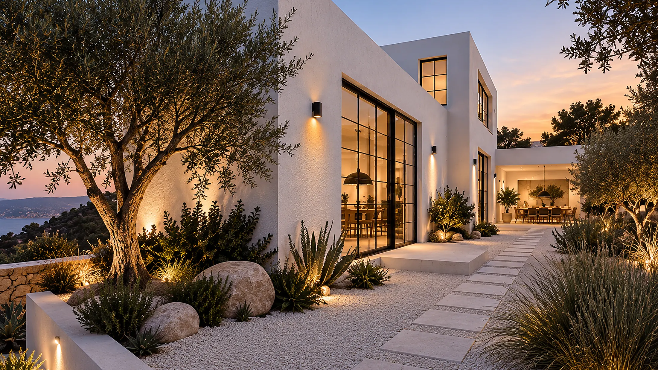 Dune House lit from within at dusk