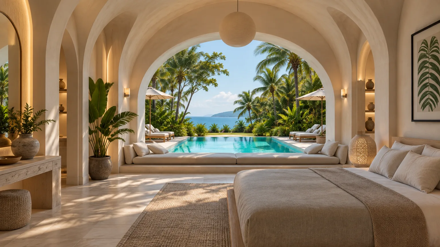 A room looking out through its arch to the water