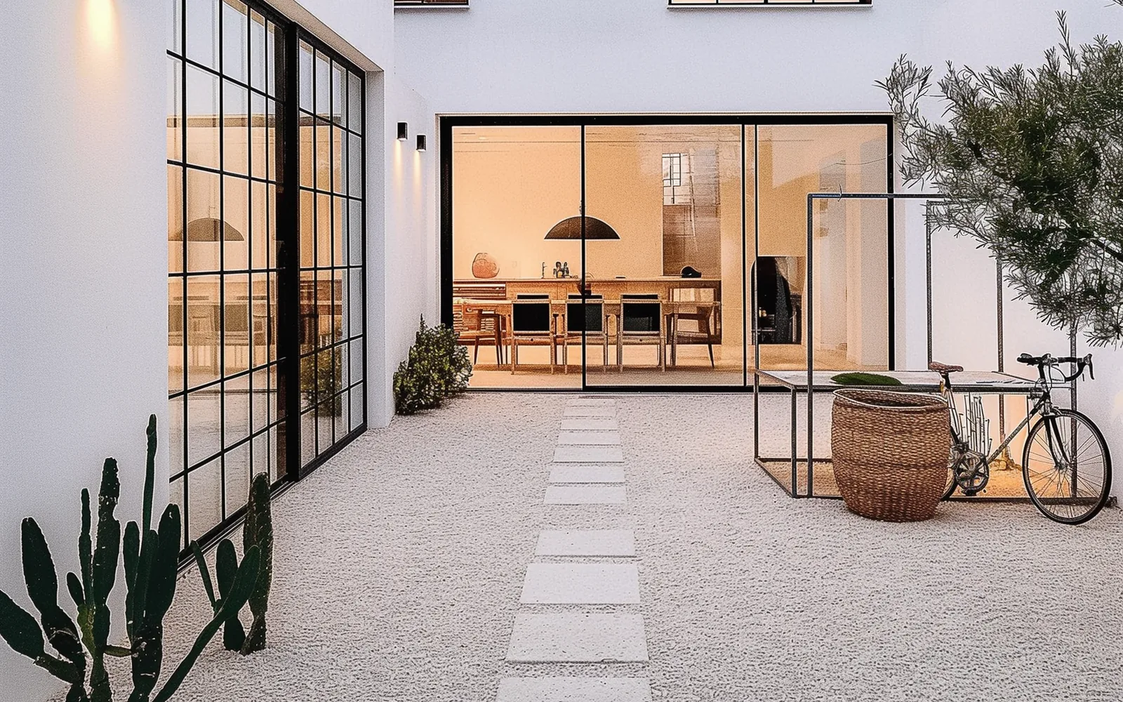 A gravel court held between two white bars