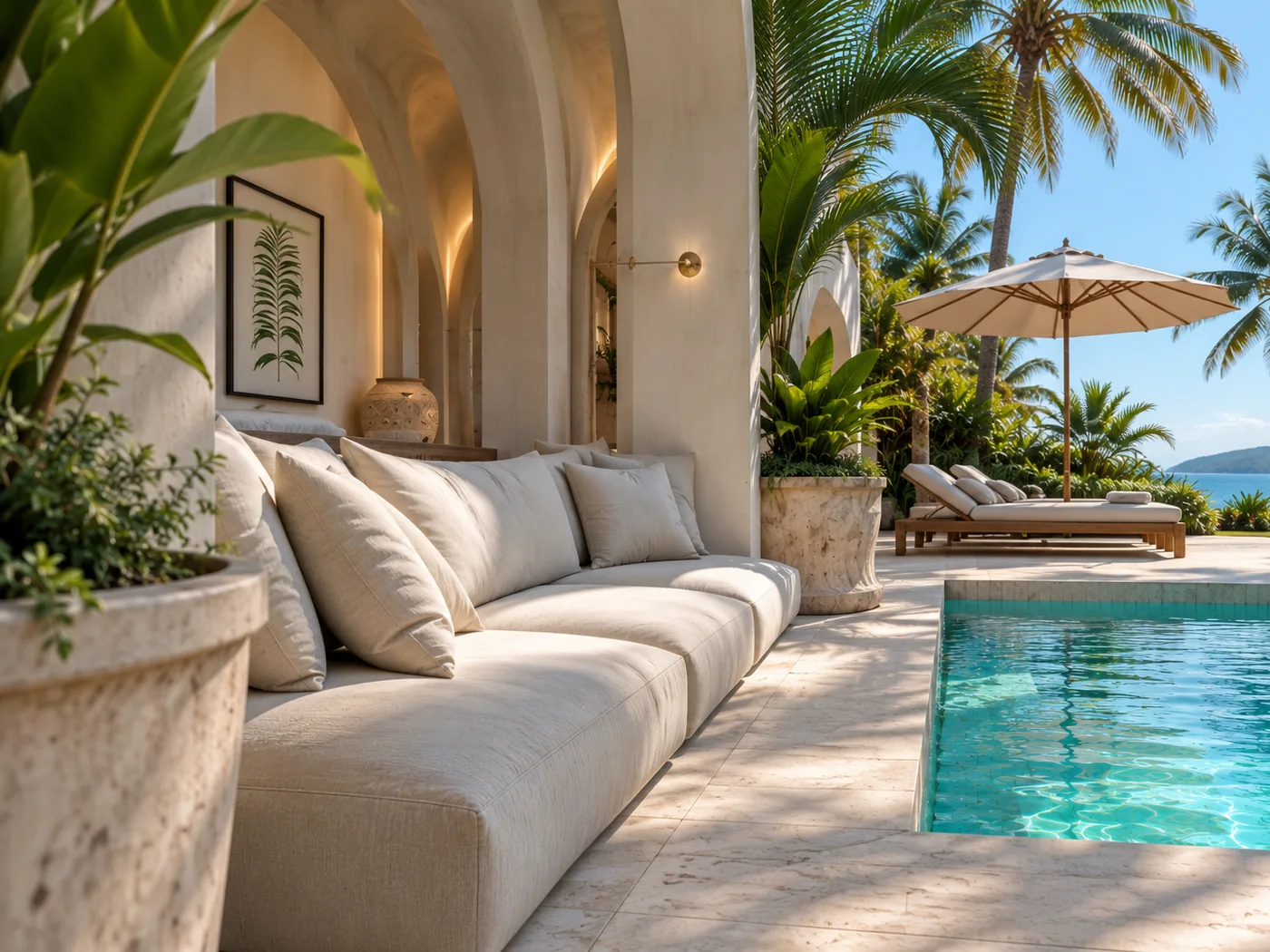 A long seat under the vaults beside the pool