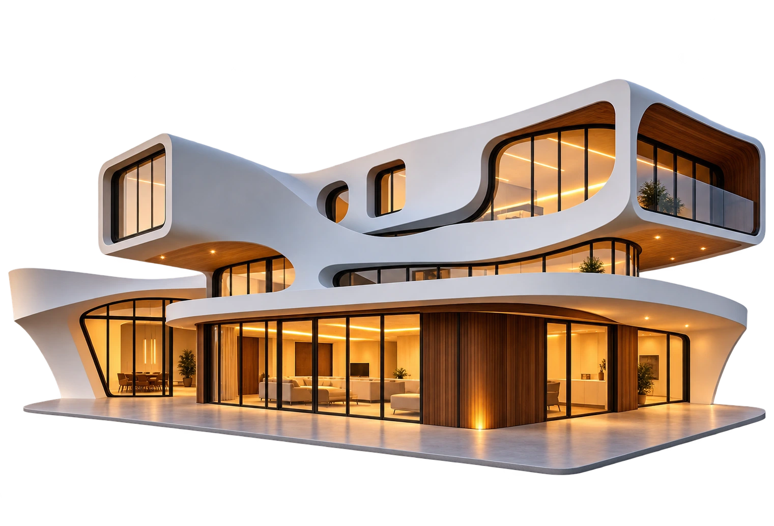 A sculptural residence lit from within at dusk