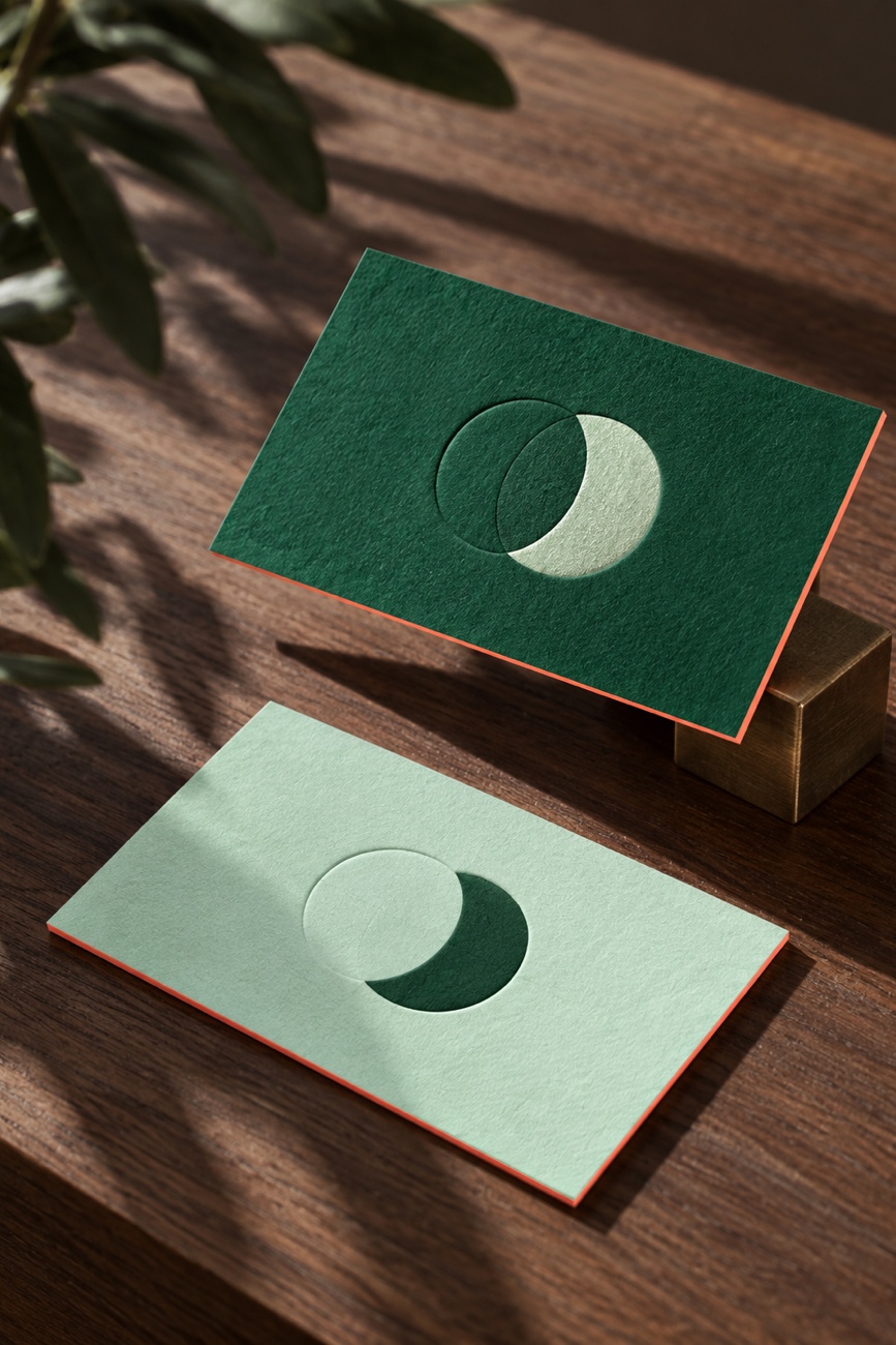 Two business cards on wood — Vespro, Identity