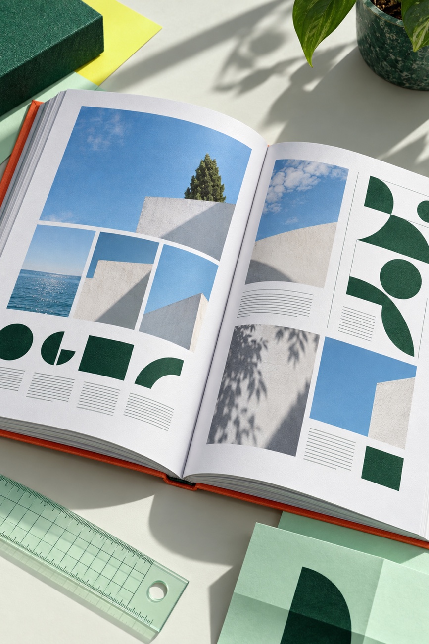 Open book layout with a chair photo — Cielo Books, Editorial