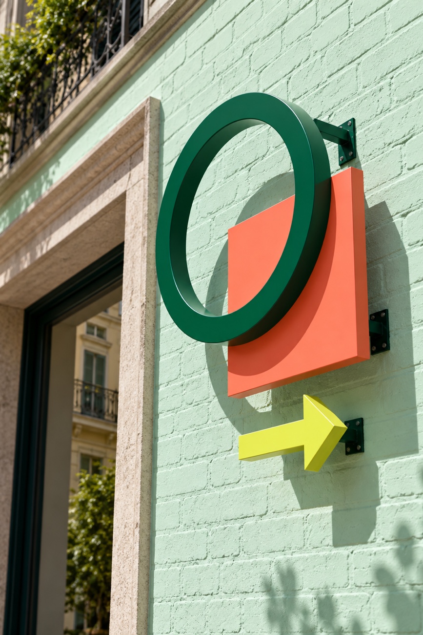 Sign mounted on a painted brick wall — Galleria Uno, Signage