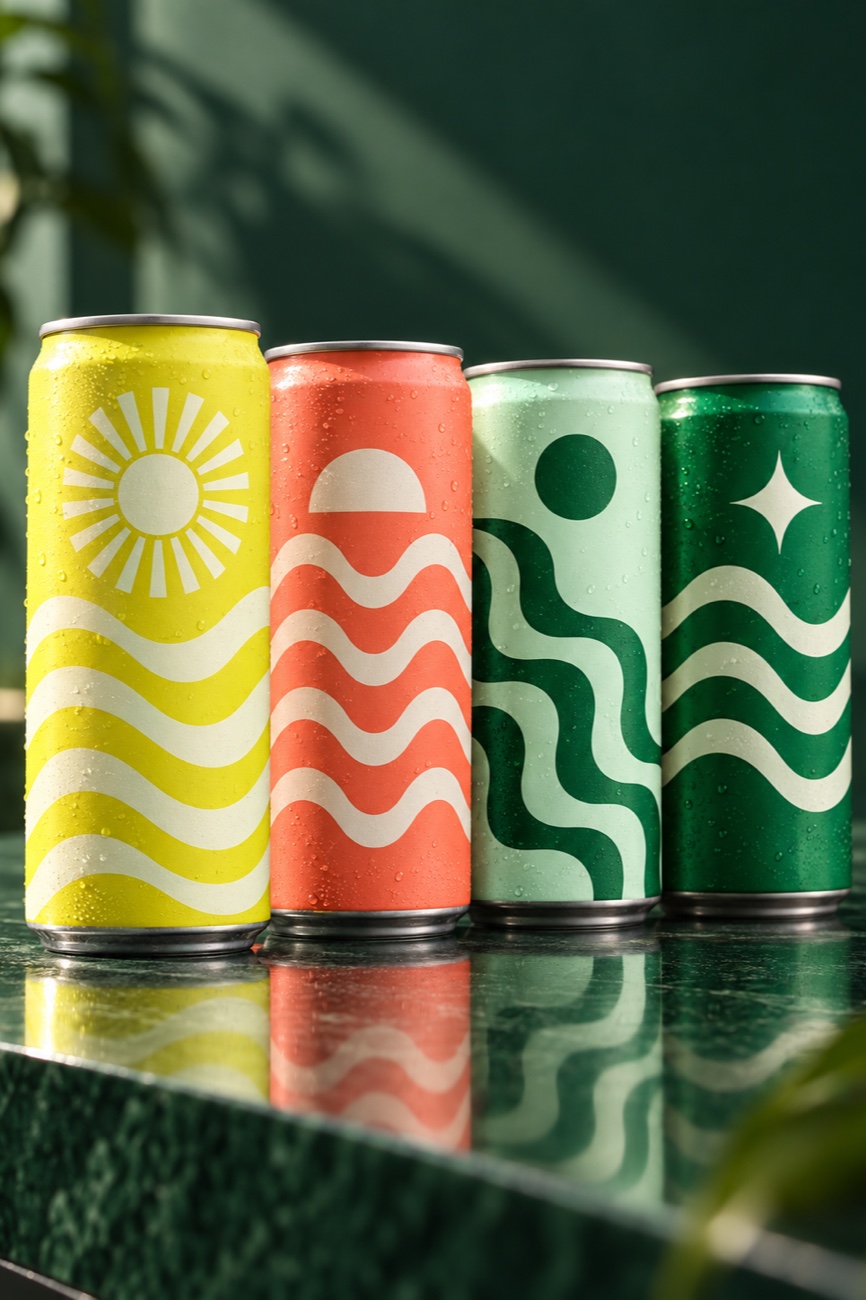 Row of designed drink cans — Onda Soda, Packaging