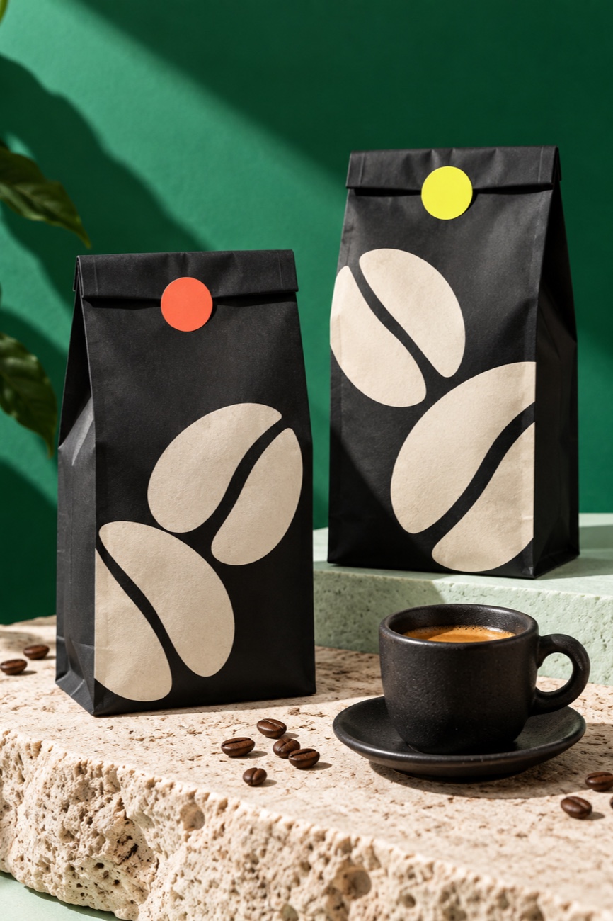 Coffee bags beside a cup — Pane Nero, Packaging