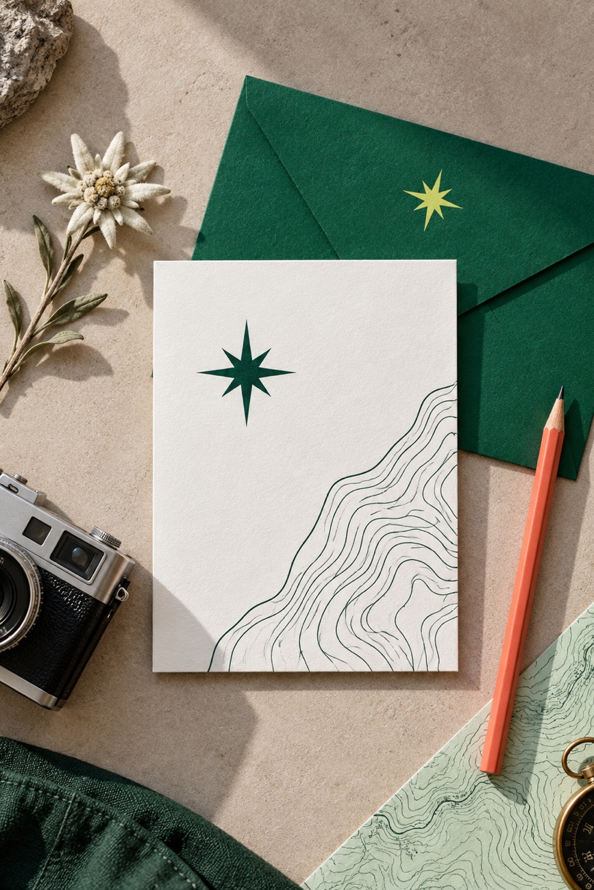 Stationery card with pen and camera — Stella Alpina, Identity