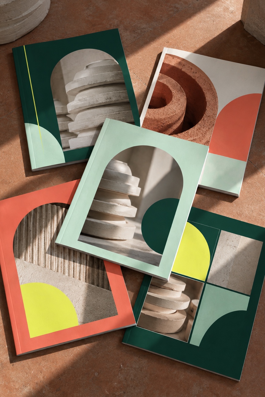 Magazines spread on the studio floor — Fornace, Editorial