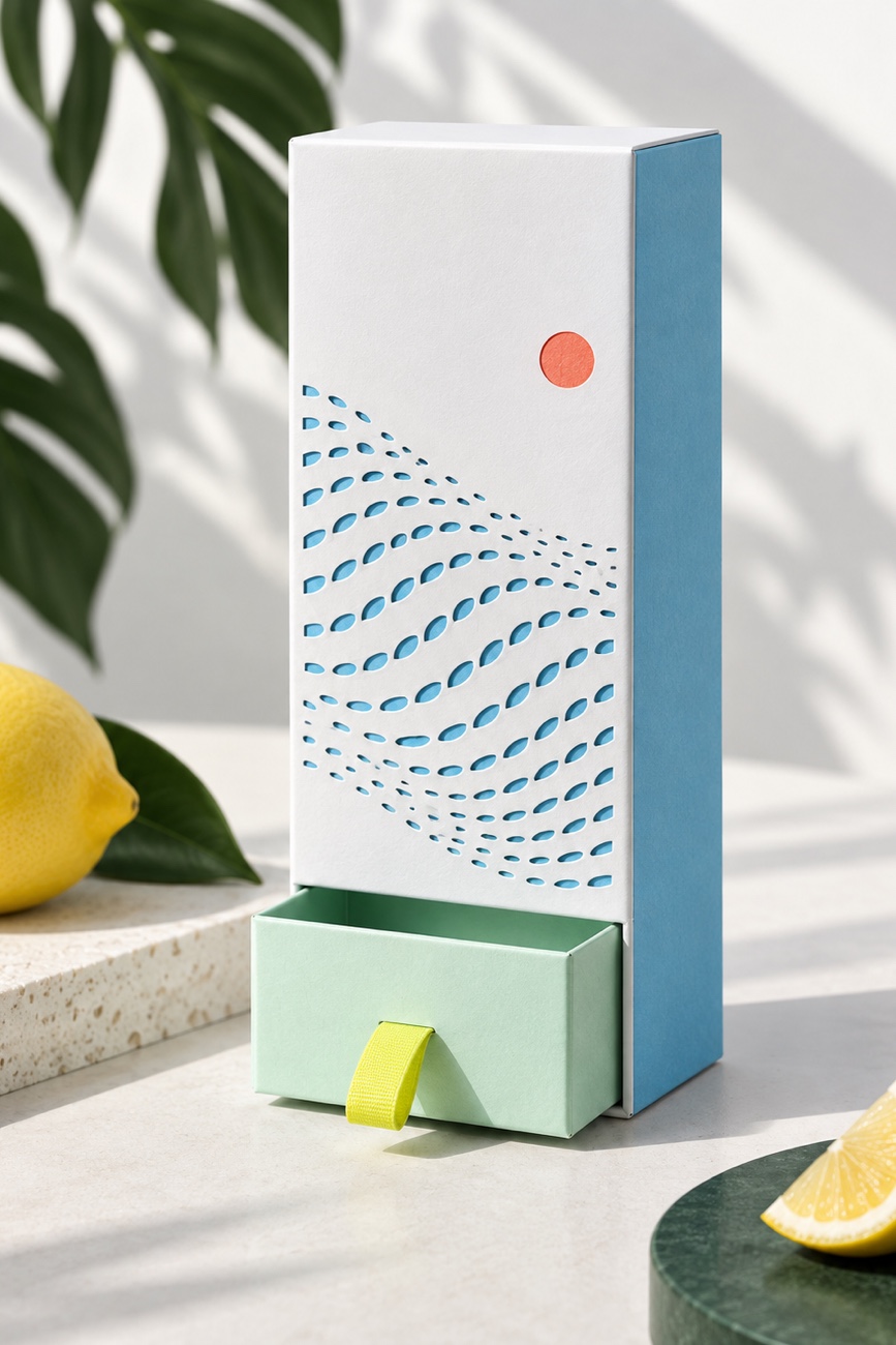 White and blue product box — Brezza, Packaging