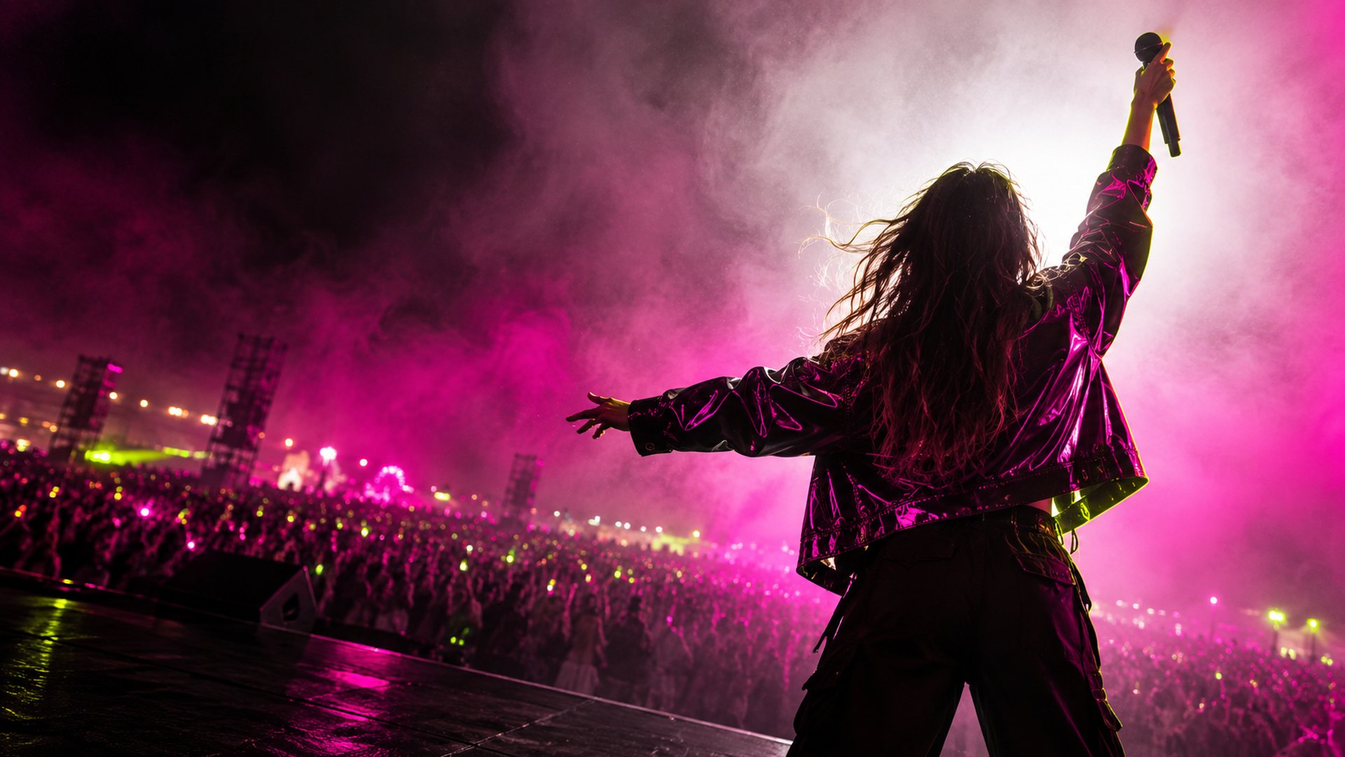 A vocalist seen from behind in thick stage haze