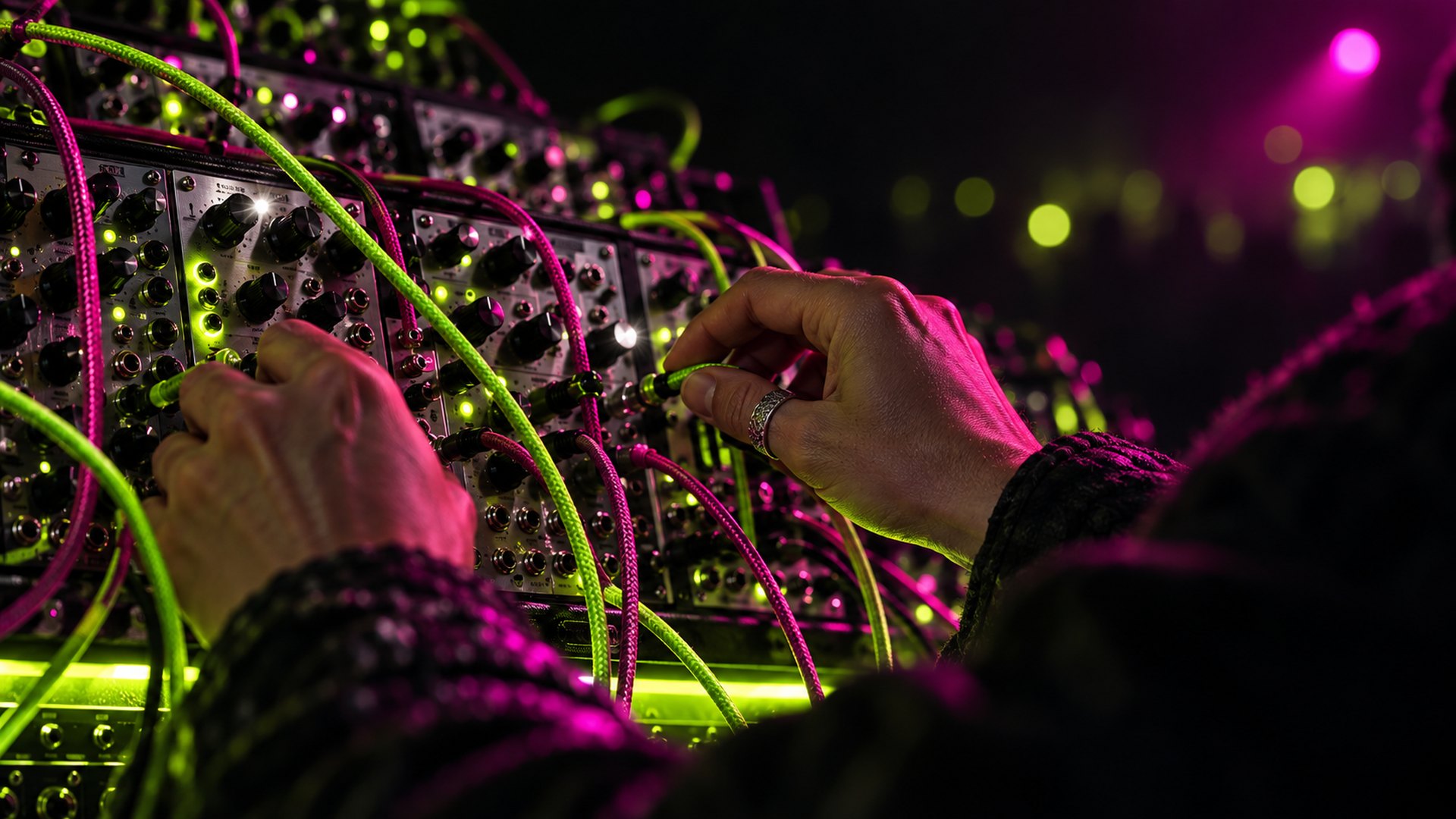 Hands patching cables on a modular synth rig