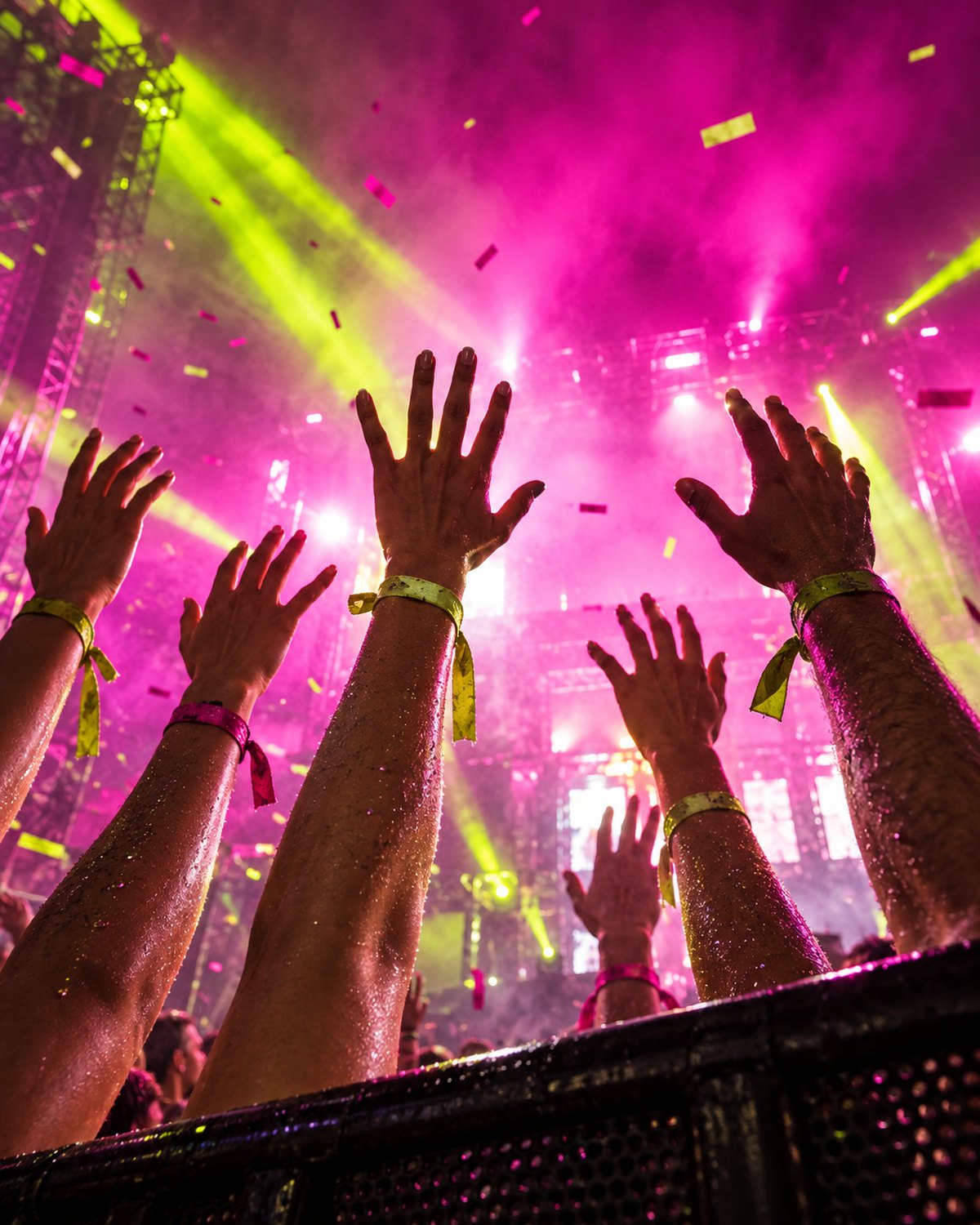 Hands in the air at the front of the crowd, fingers lit lime by the stage