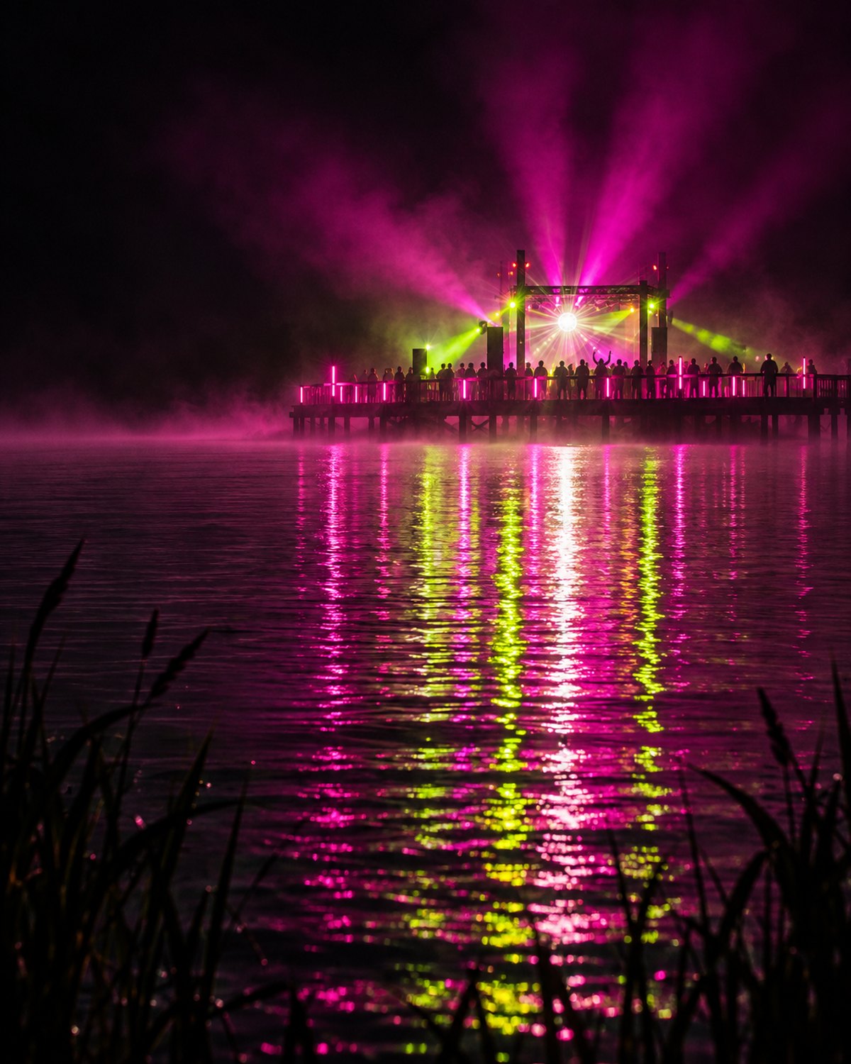 The floating pier stage at night, strobes reflected on the lake