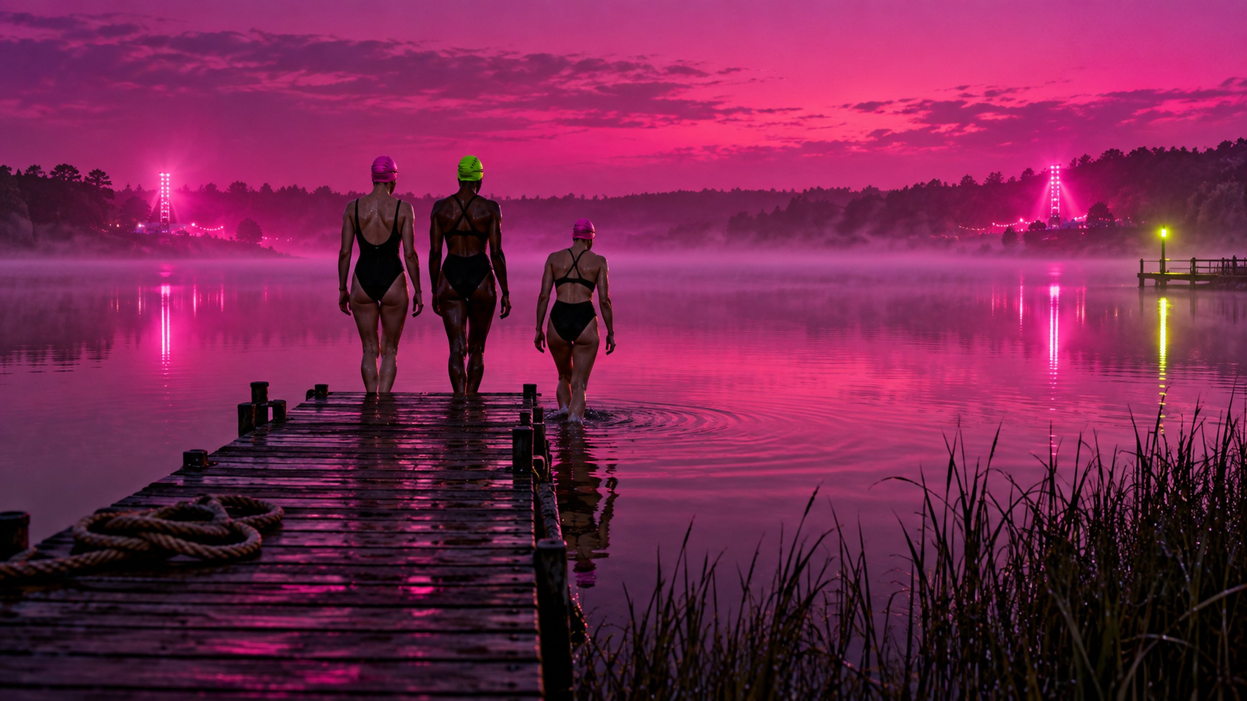 Swimmers seen from behind stepping off a wooden jetty into a still pink lake at dawn