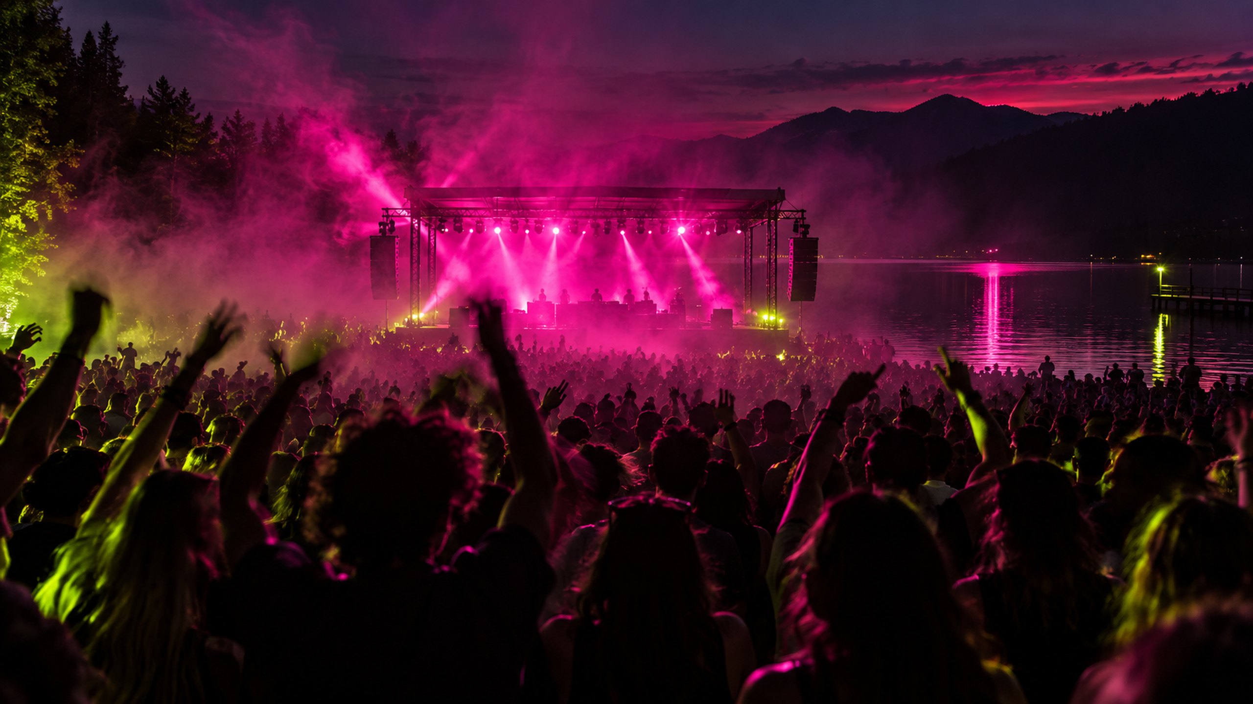 A lakeside stage at dusk seen from behind the crowd, magenta haze rolling over raised hands and the water beyond