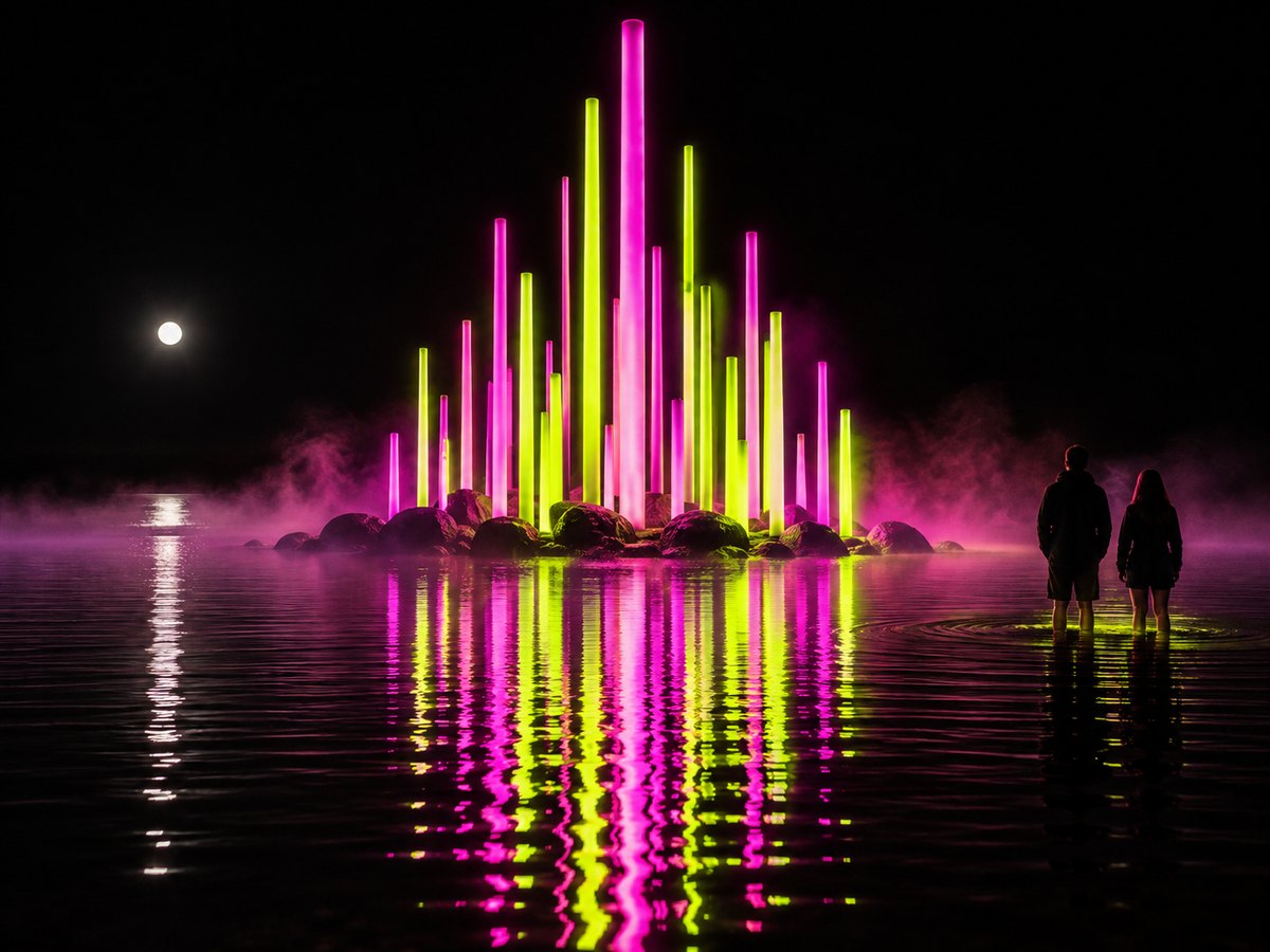 A glowing light sculpture standing in shallow water at night