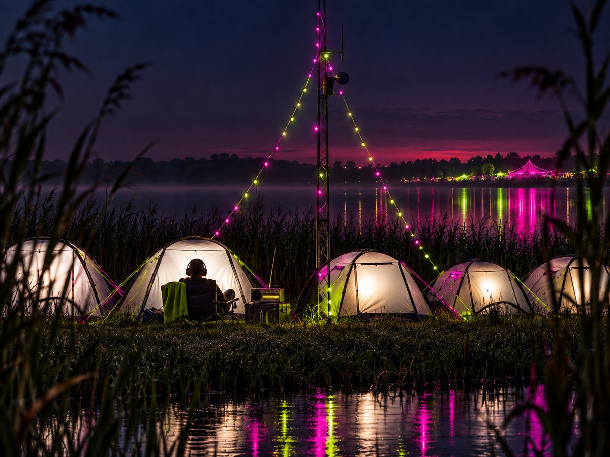 Tents glowing along the reed line