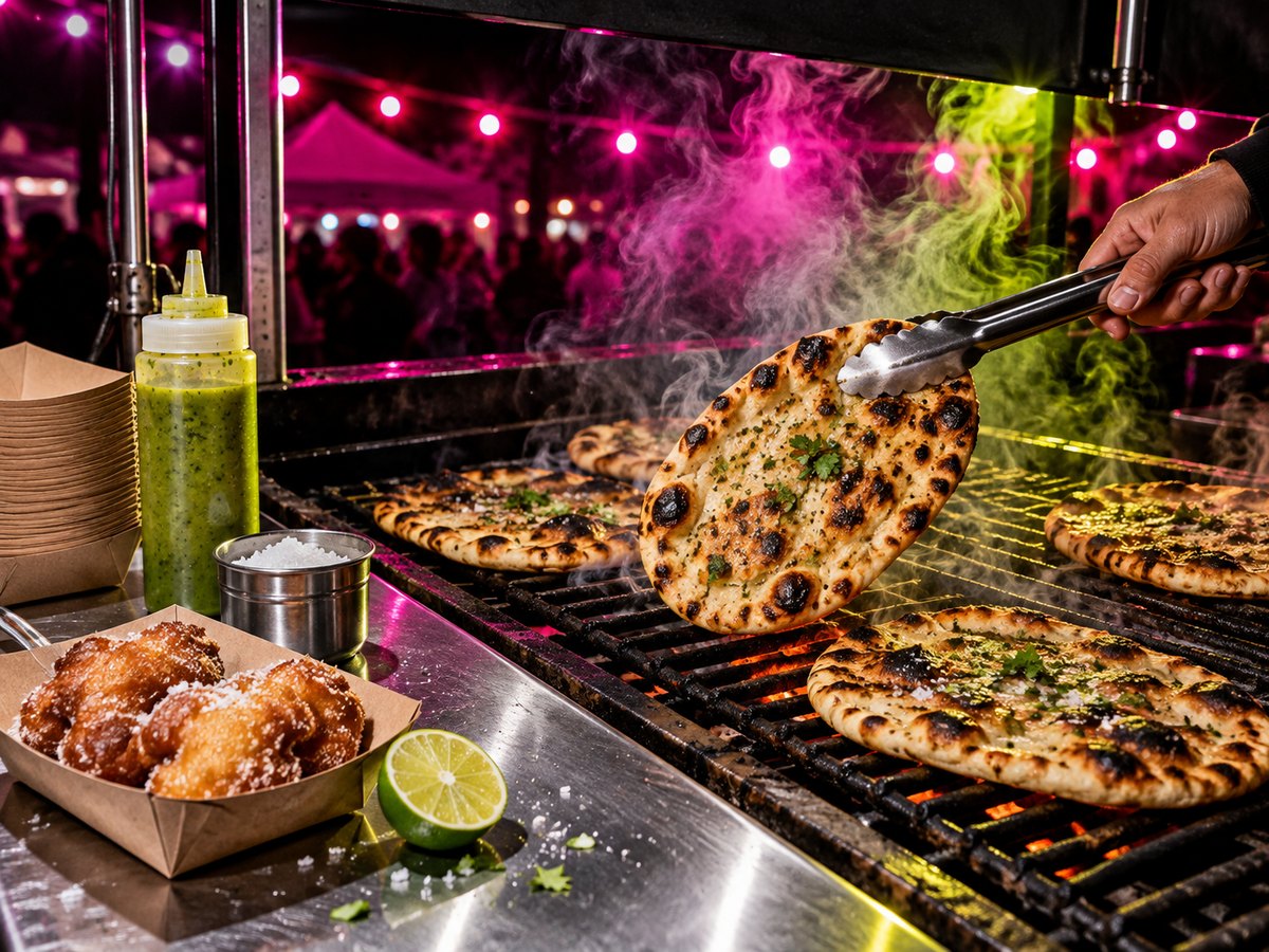 Flatbreads blistering over an open grill under magenta festoon lights