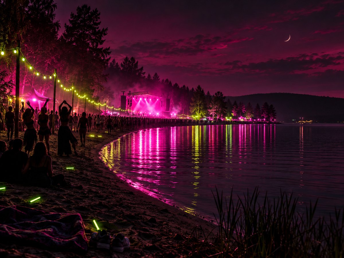 Silhouettes dancing on the shore in front of a lit stage