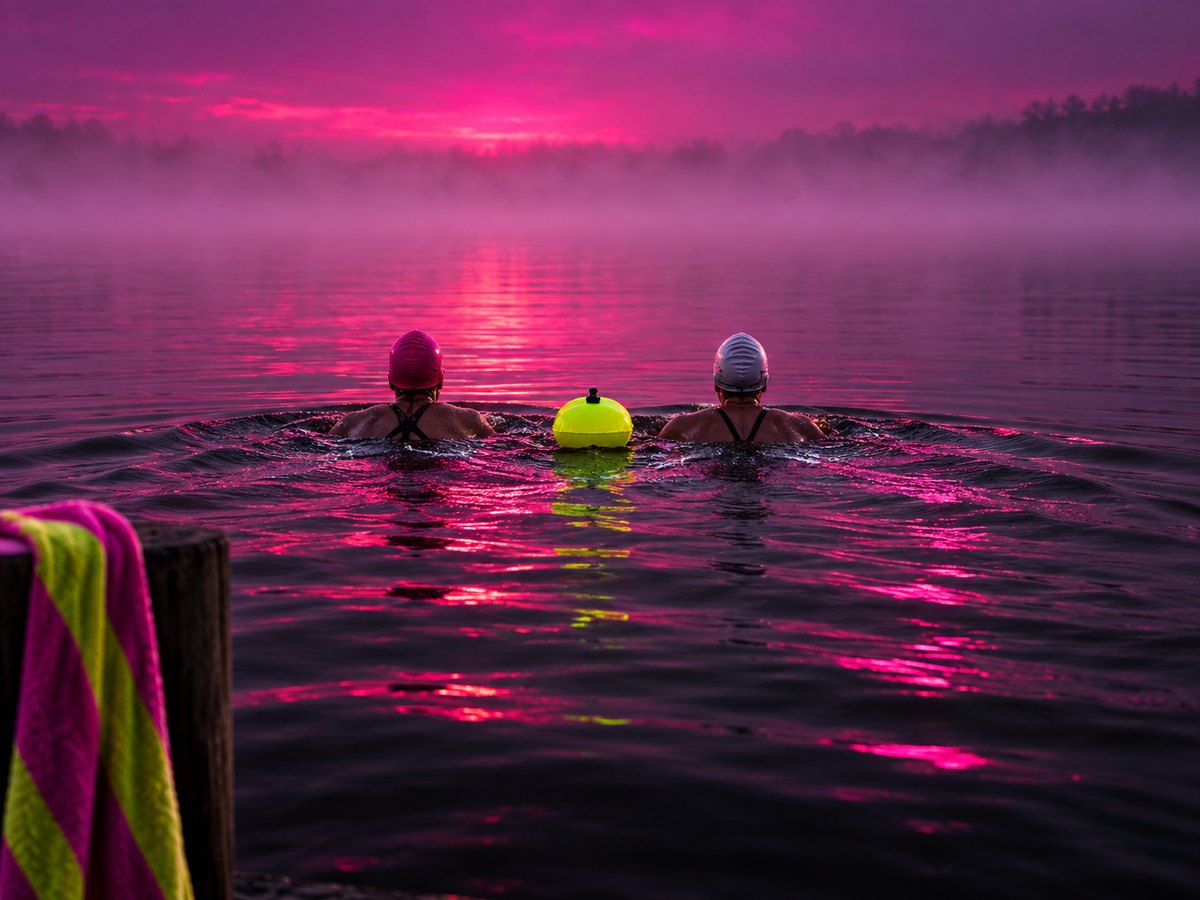 Swimmers from behind wading into a mirror-flat lake at sunrise