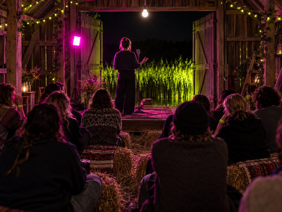 A small crowd seated on hay bales under string lights