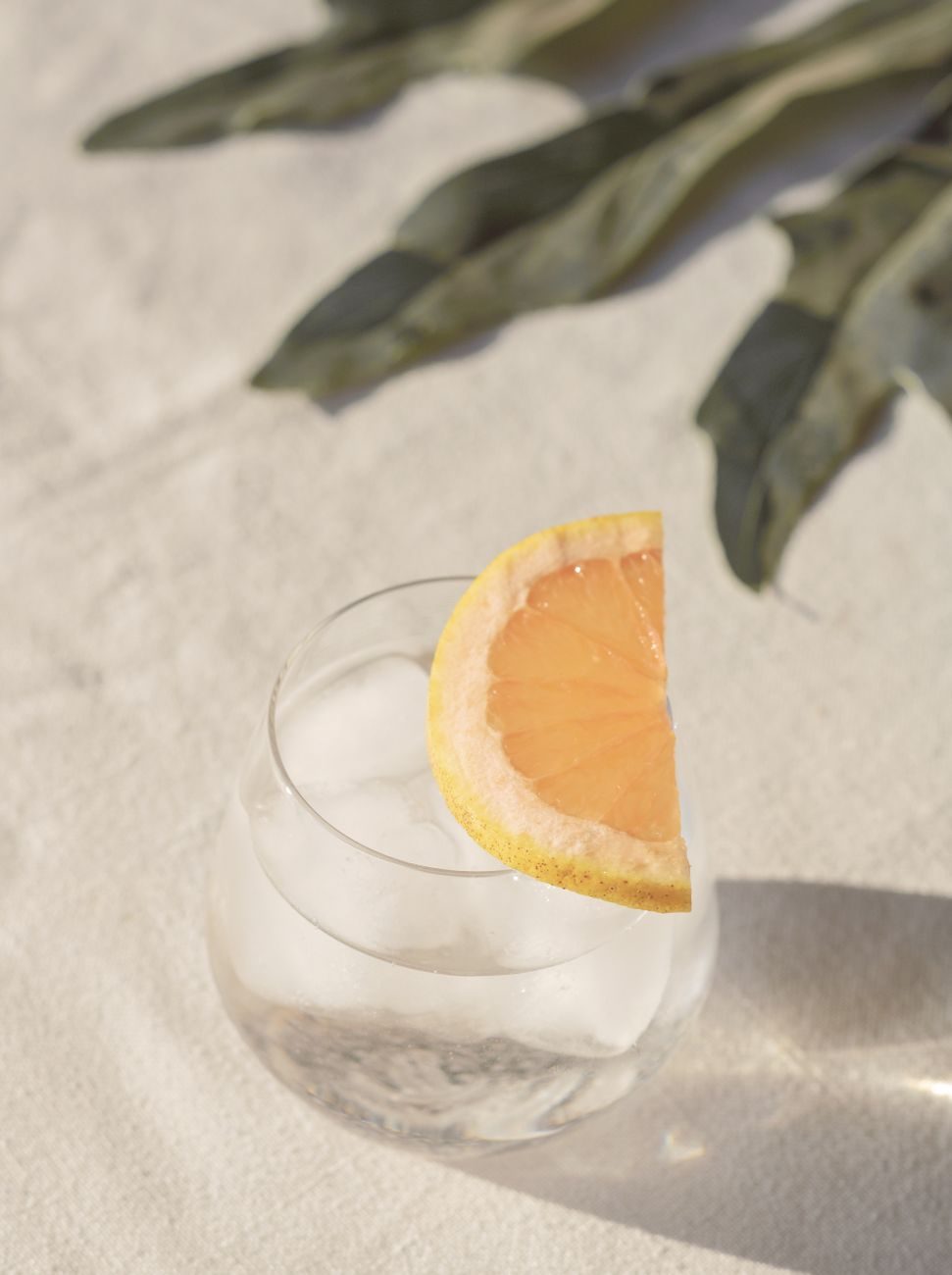 A short glass over ice with a wedge of citrus on the rim, in bright sunlight