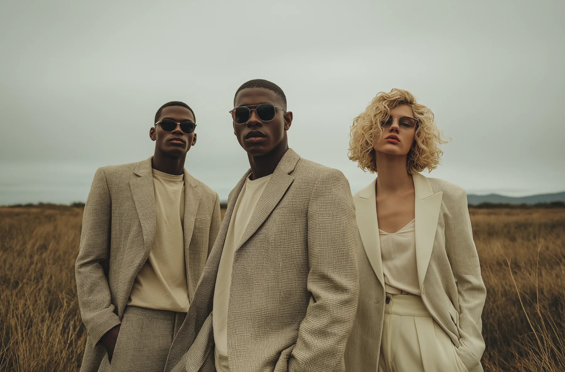 Three models in oatmeal and cream tailoring standing in a wheat field under an overcast sky