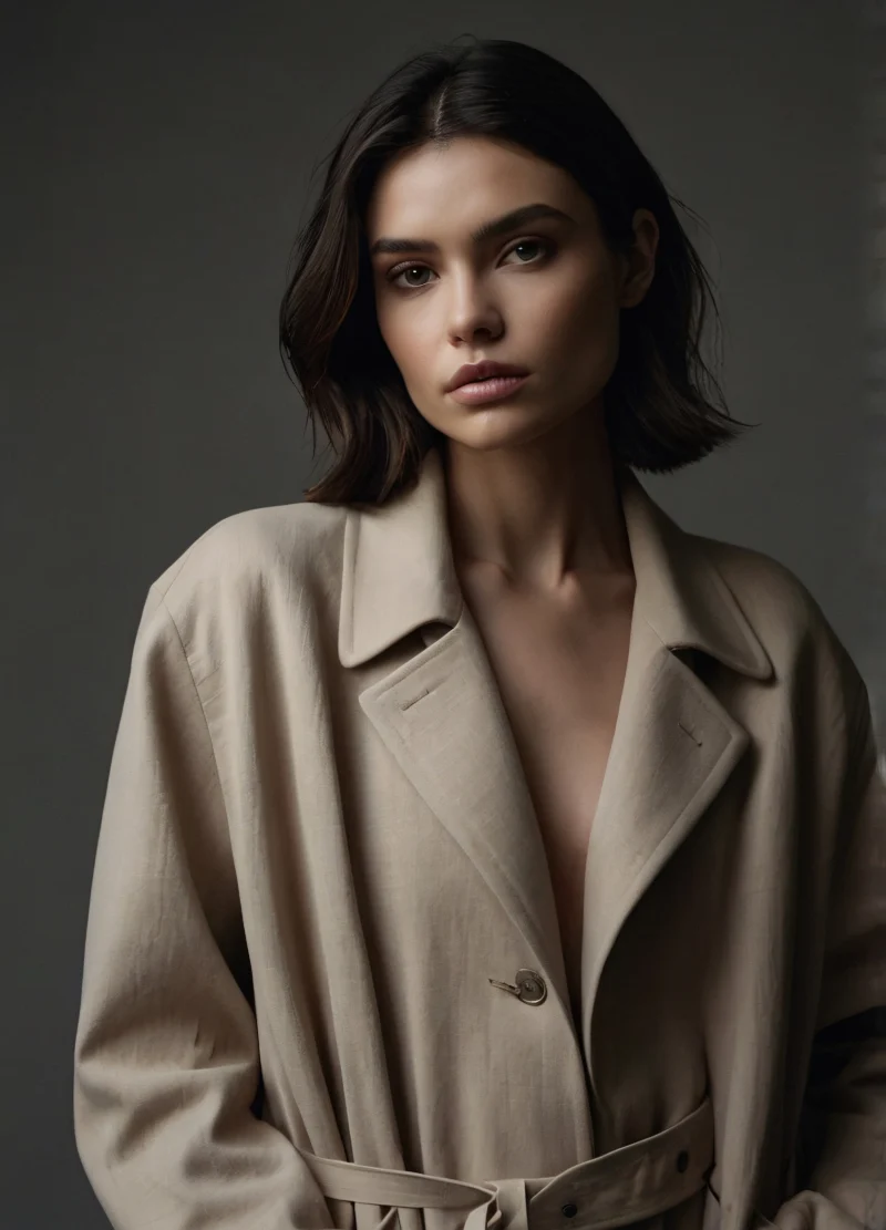 Sand belted trench coat, shot close against a dark ground