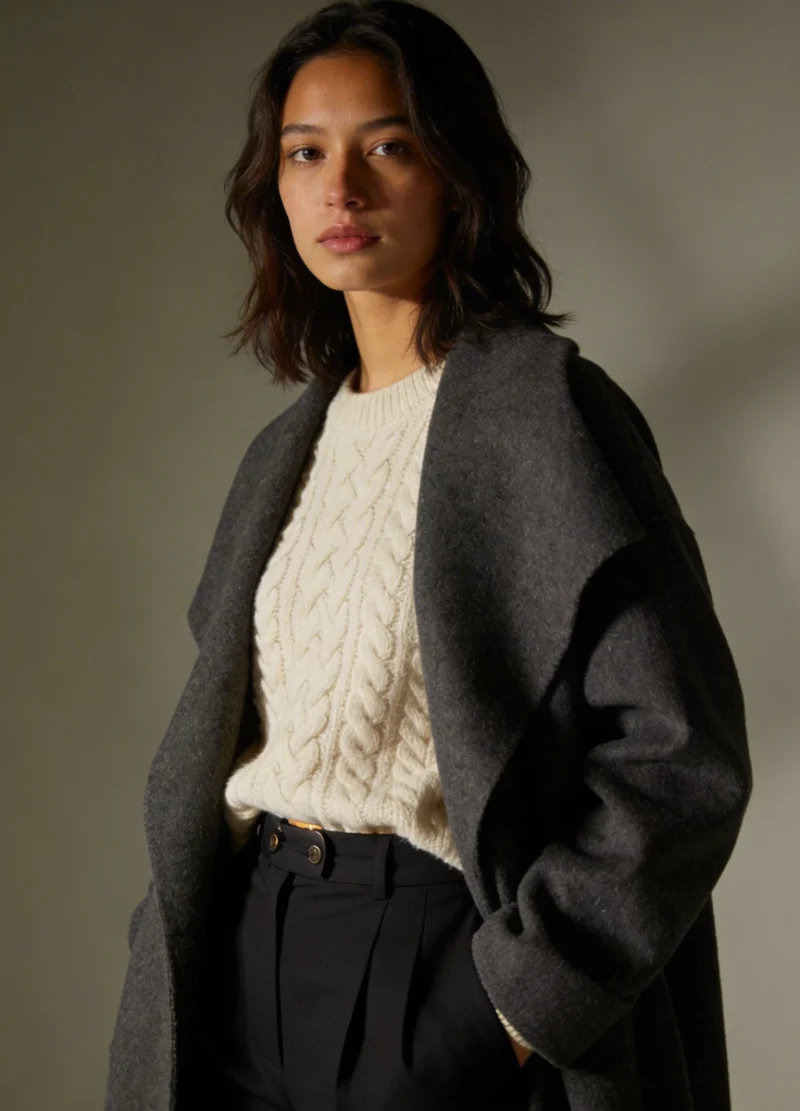 Cream cable-knit sweater layered under a charcoal wool coat