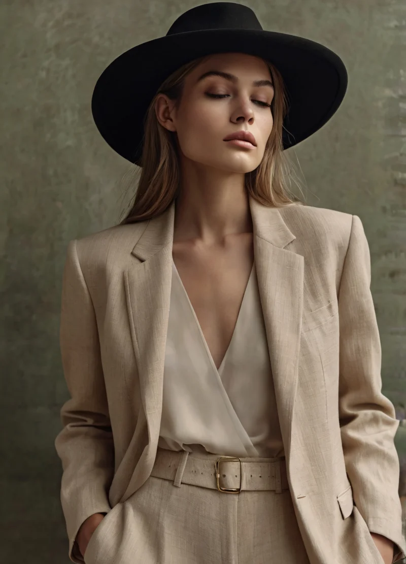 Beige tailored suit worn with a wide-brimmed hat
