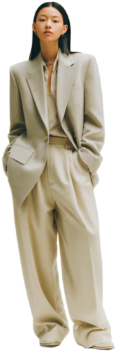 Oatmeal oversized linen suit with a soft shoulder and wide-leg trouser