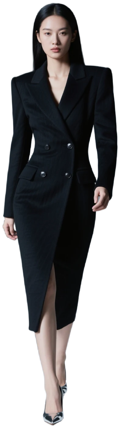 Black column midi dress with a sharp shoulder and a front slit