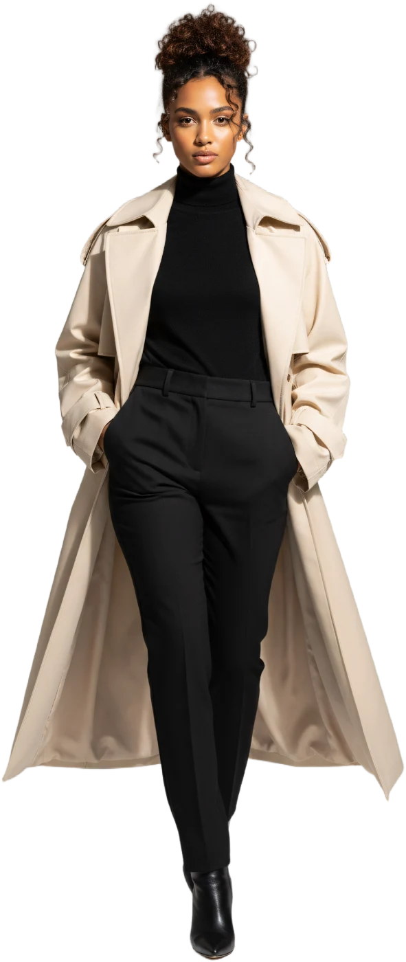 Sand belted trench coat worn open over black tailoring