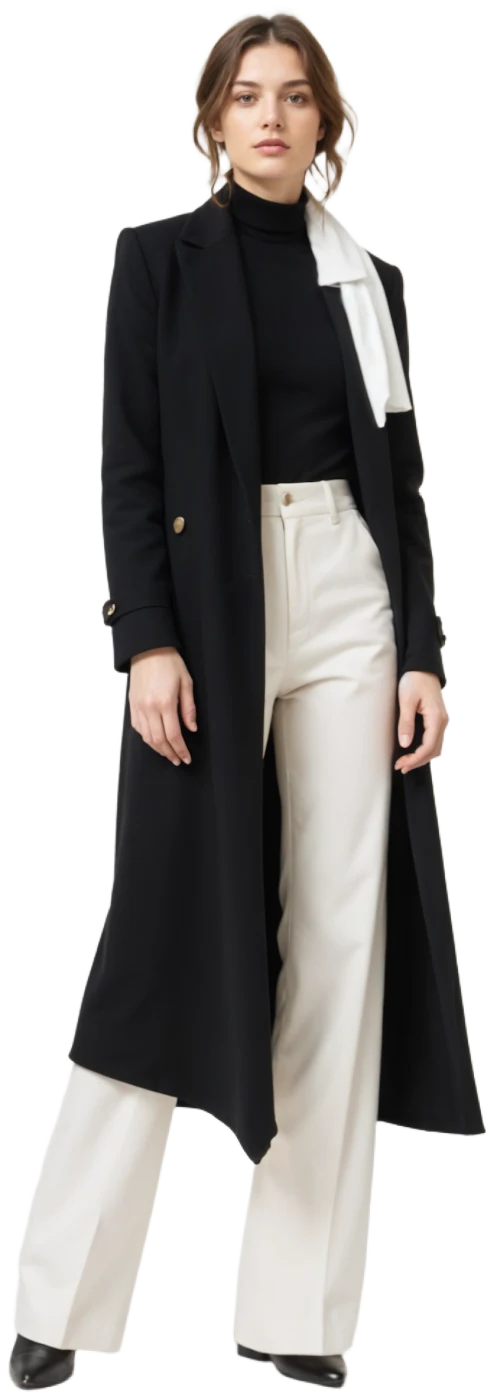 Ink longline wool coat over a cream high-waisted trouser