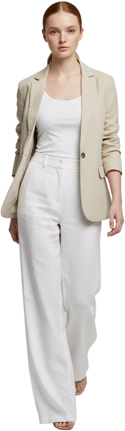 Bone single-breasted blazer over a white vest and trouser