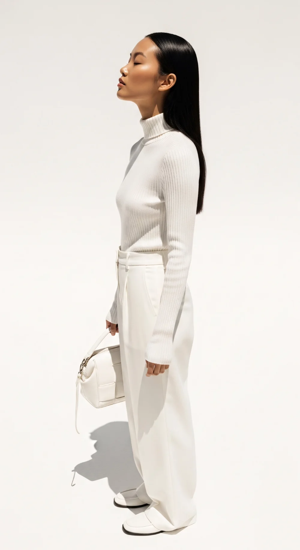 The look in profile, chin lifted, bag carried low