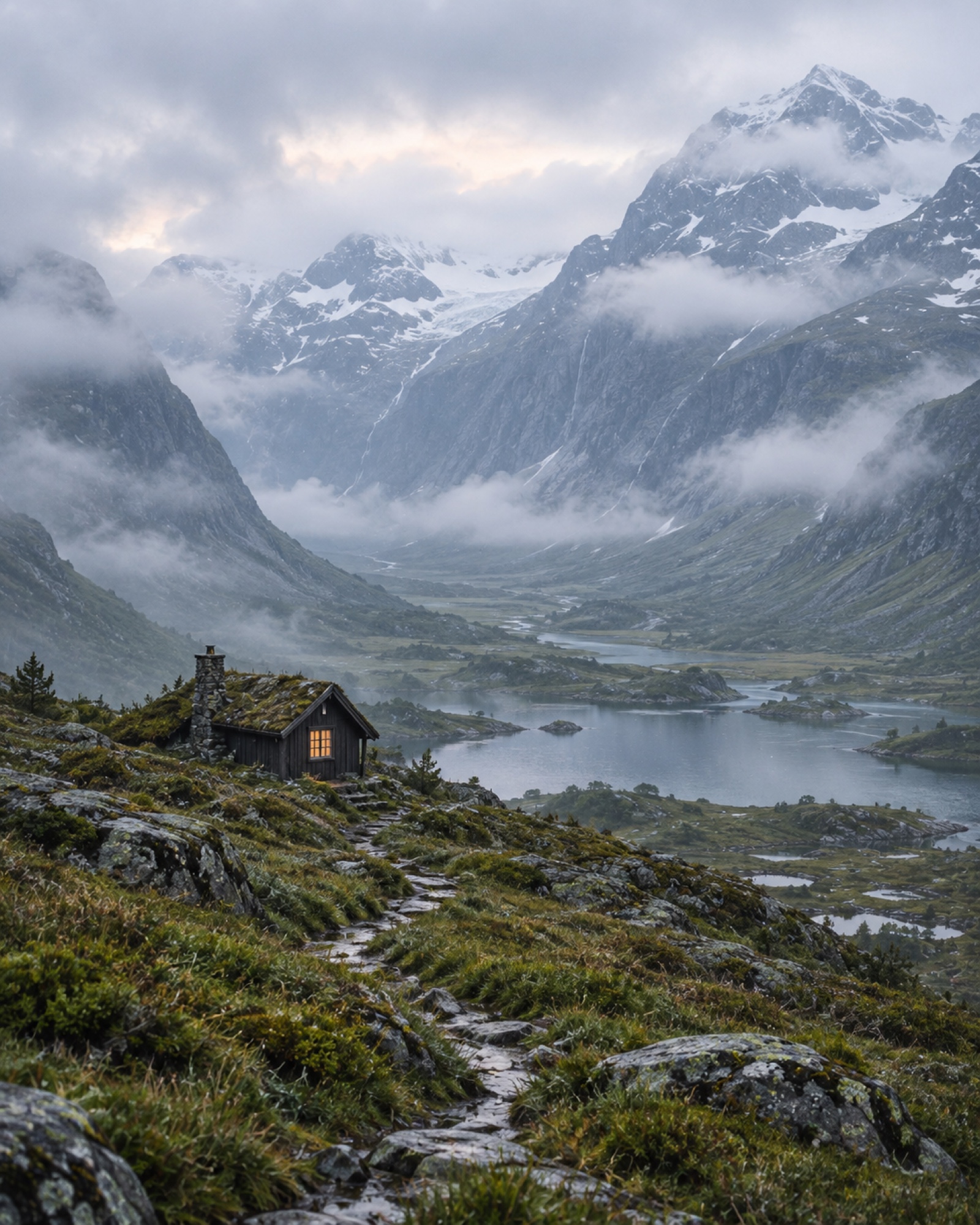 A secluded log cabin set in a wide mountain landscape