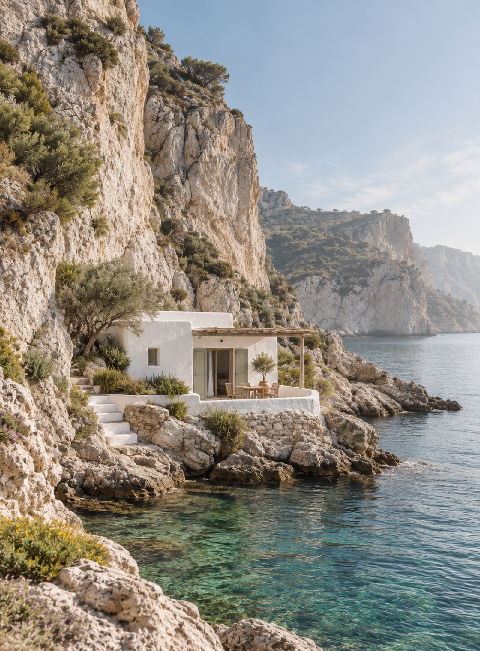 A whitewashed house beneath limestone cliffs above the sea