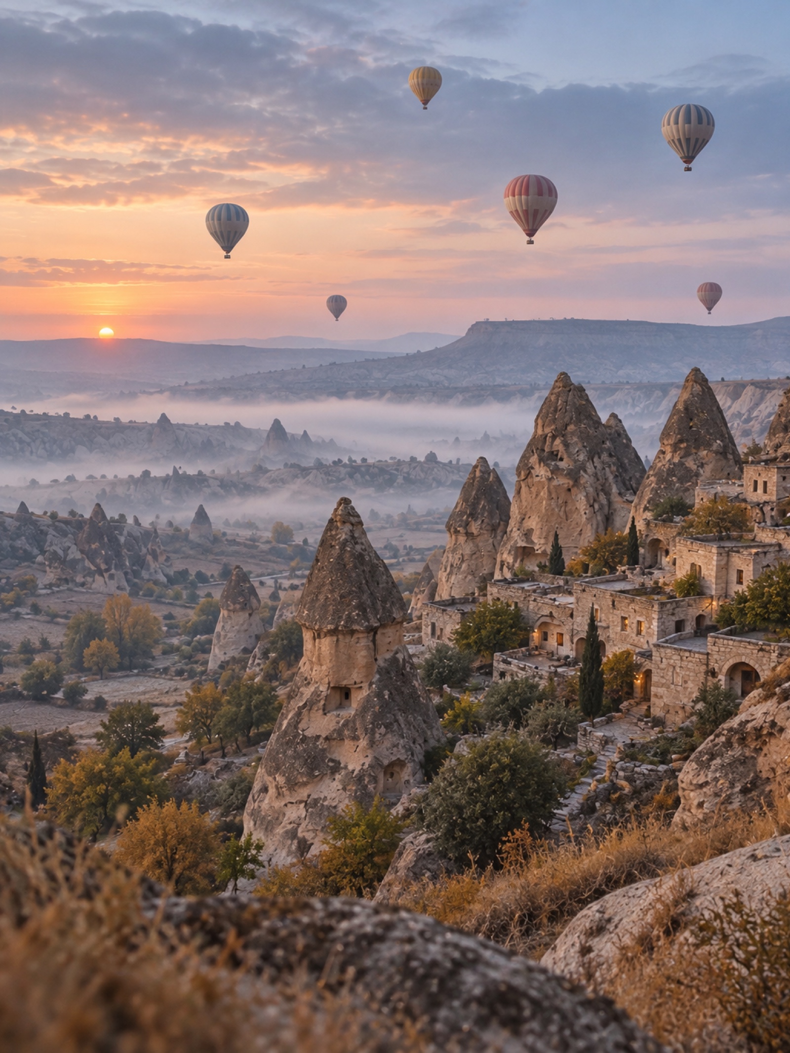 Hot-air balloons drifting over Cappadocia's rock chimneys at sunset