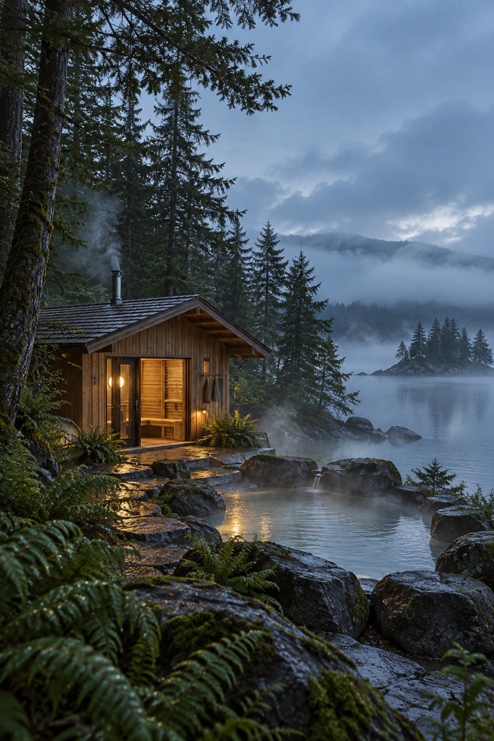 A wooden bathhouse on a misty, forested shore at dusk