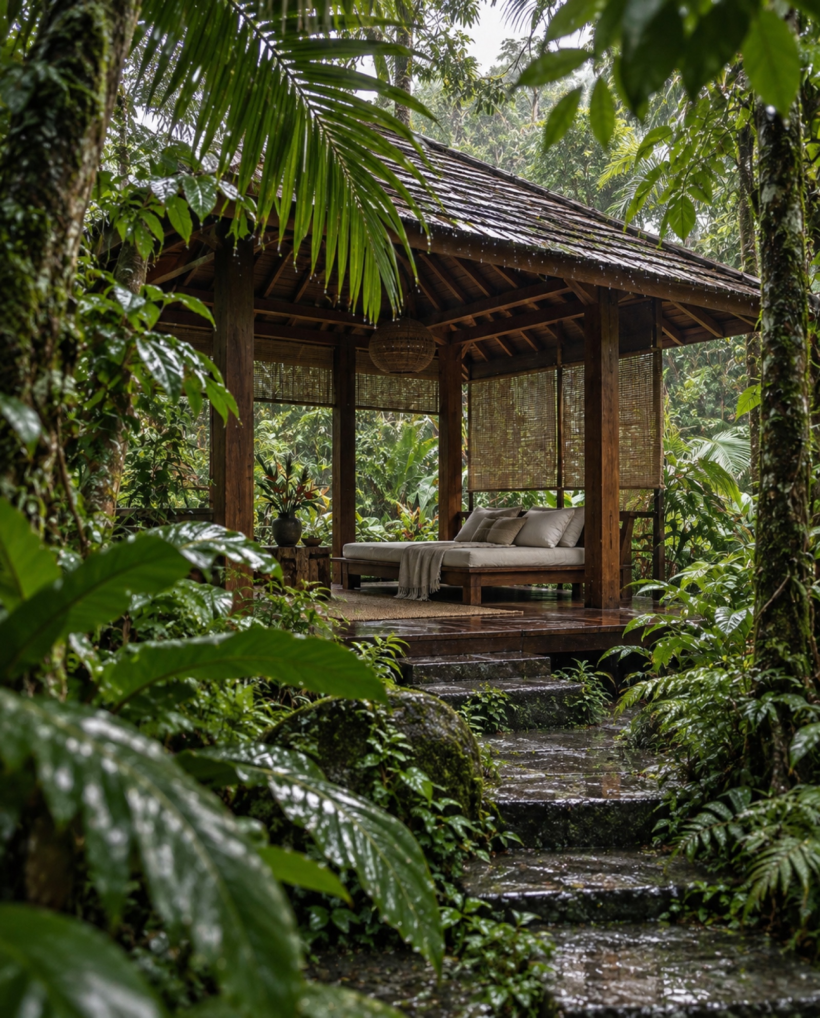 An open-sided tropical wooden retreat surrounded by greenery