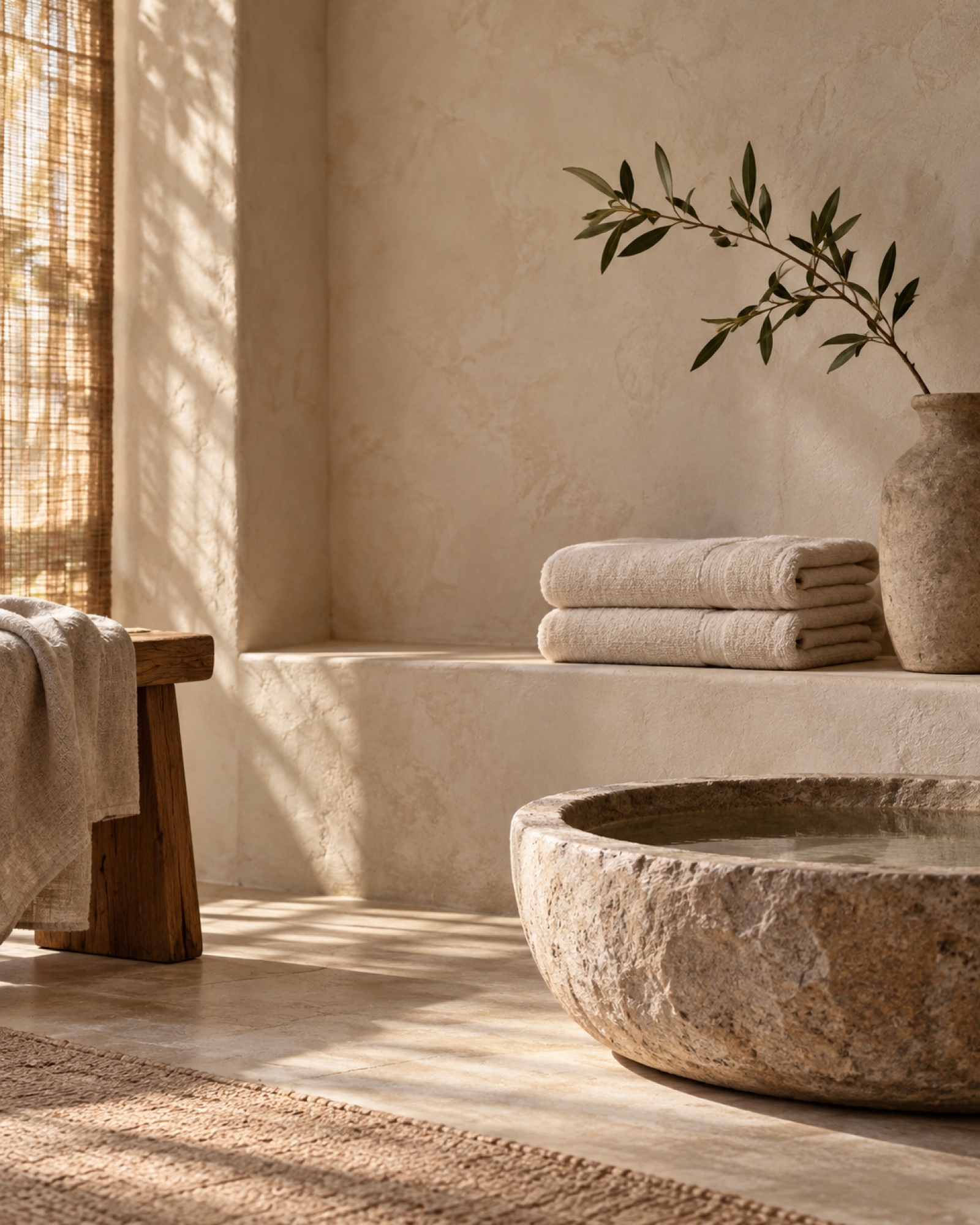 A serene spa setting with soft light and natural materials