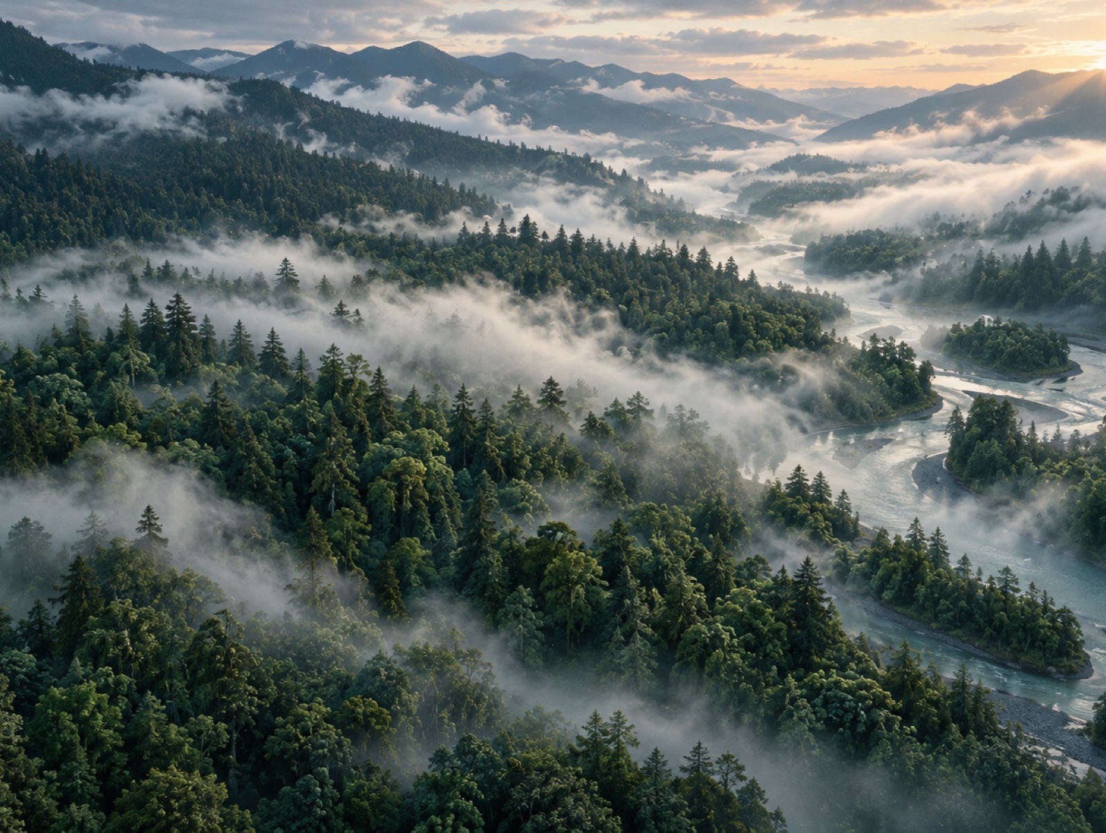 An aerial view of a misty forest canopy at dawn
